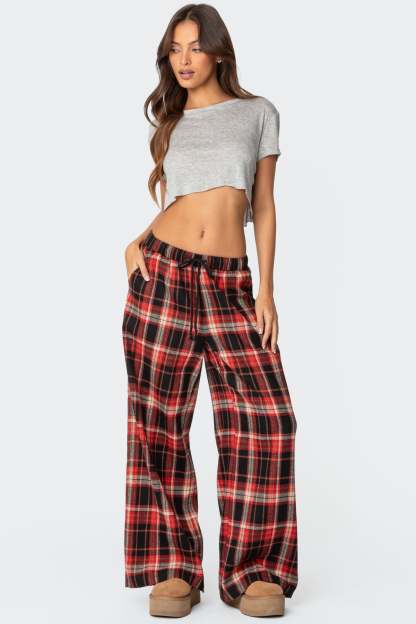 Lounge Around Plaid Wide Leg Pants - RED