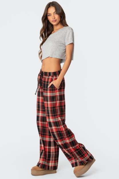 Lounge Around Plaid Wide Leg Pants - RED
