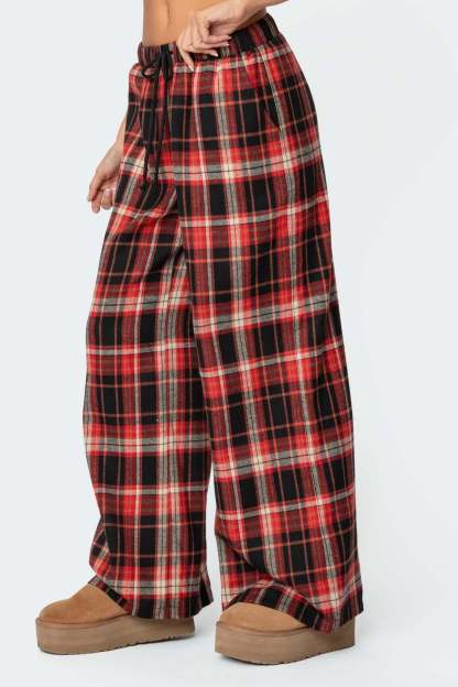 Lounge Around Plaid Wide Leg Pants - RED