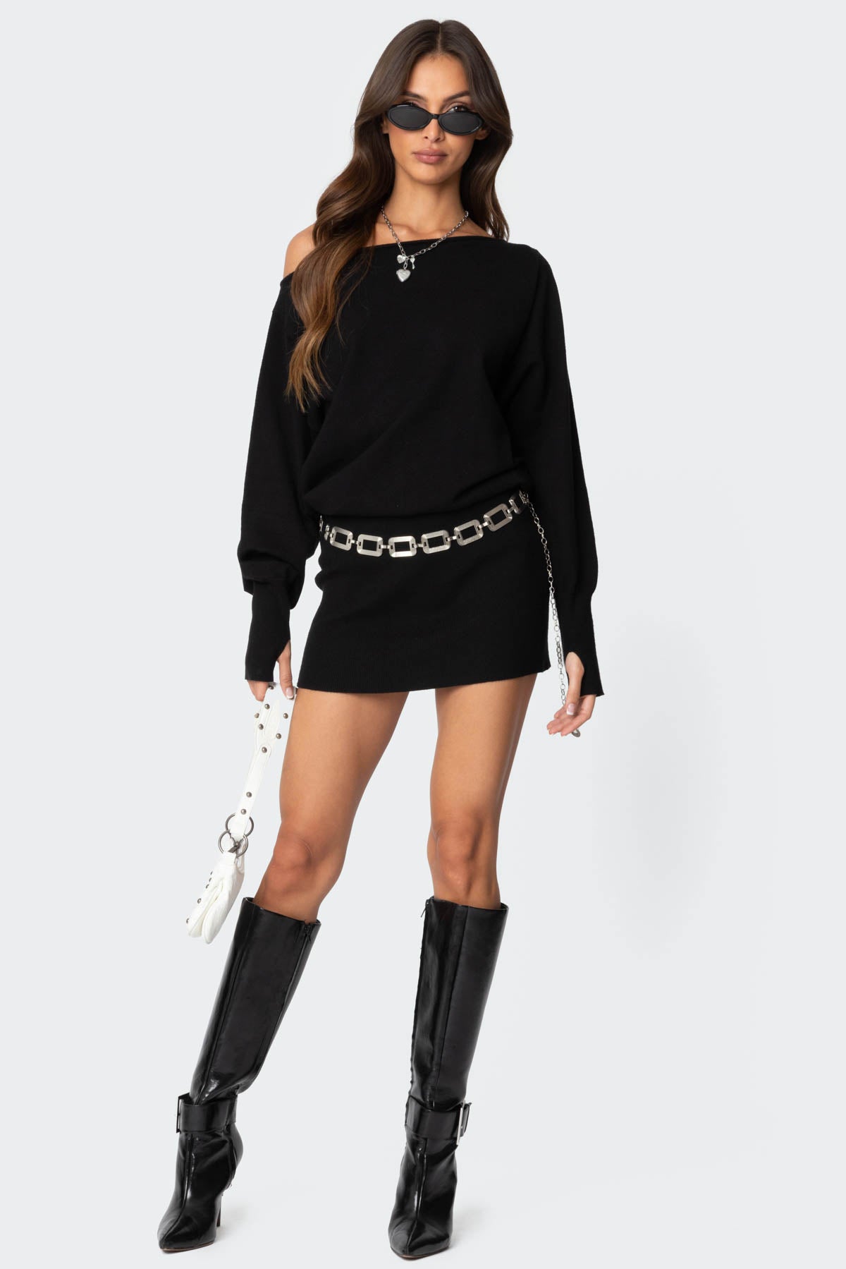 Eve Off Shoulder Knit Mini Dress - BLACK