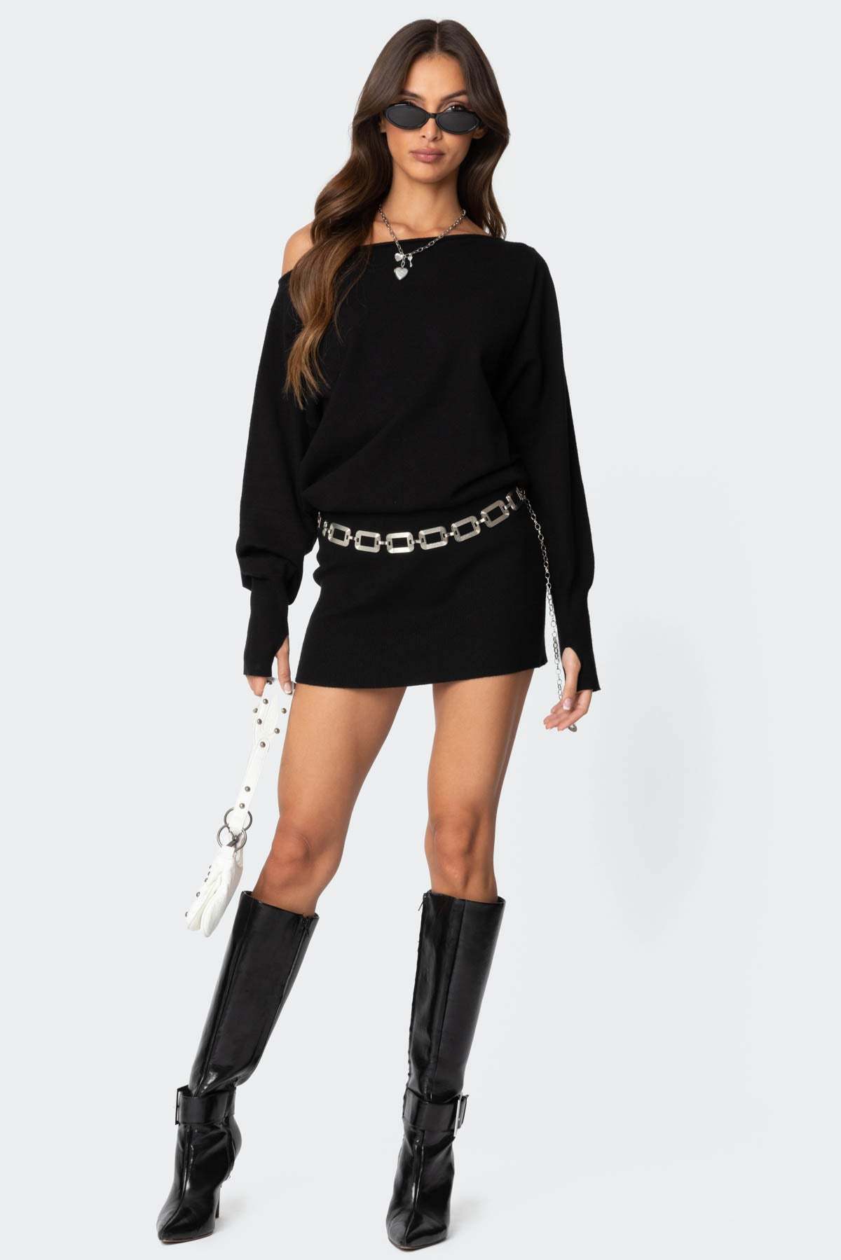 Eve Off Shoulder Knit Mini Dress - BLACK