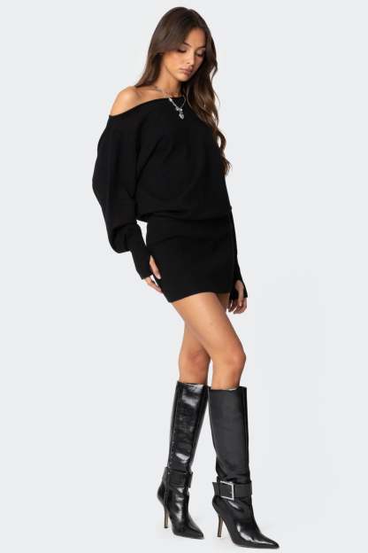 Eve Off Shoulder Knit Mini Dress - BLACK