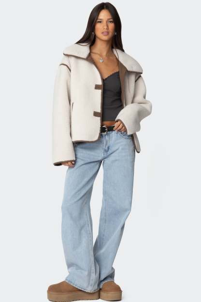 Frost Oversized Faux Shearling Jacket - BEIGE