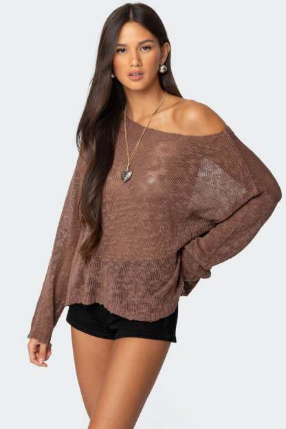 Bri Oversized Boat Neck Sweater - BROWN
