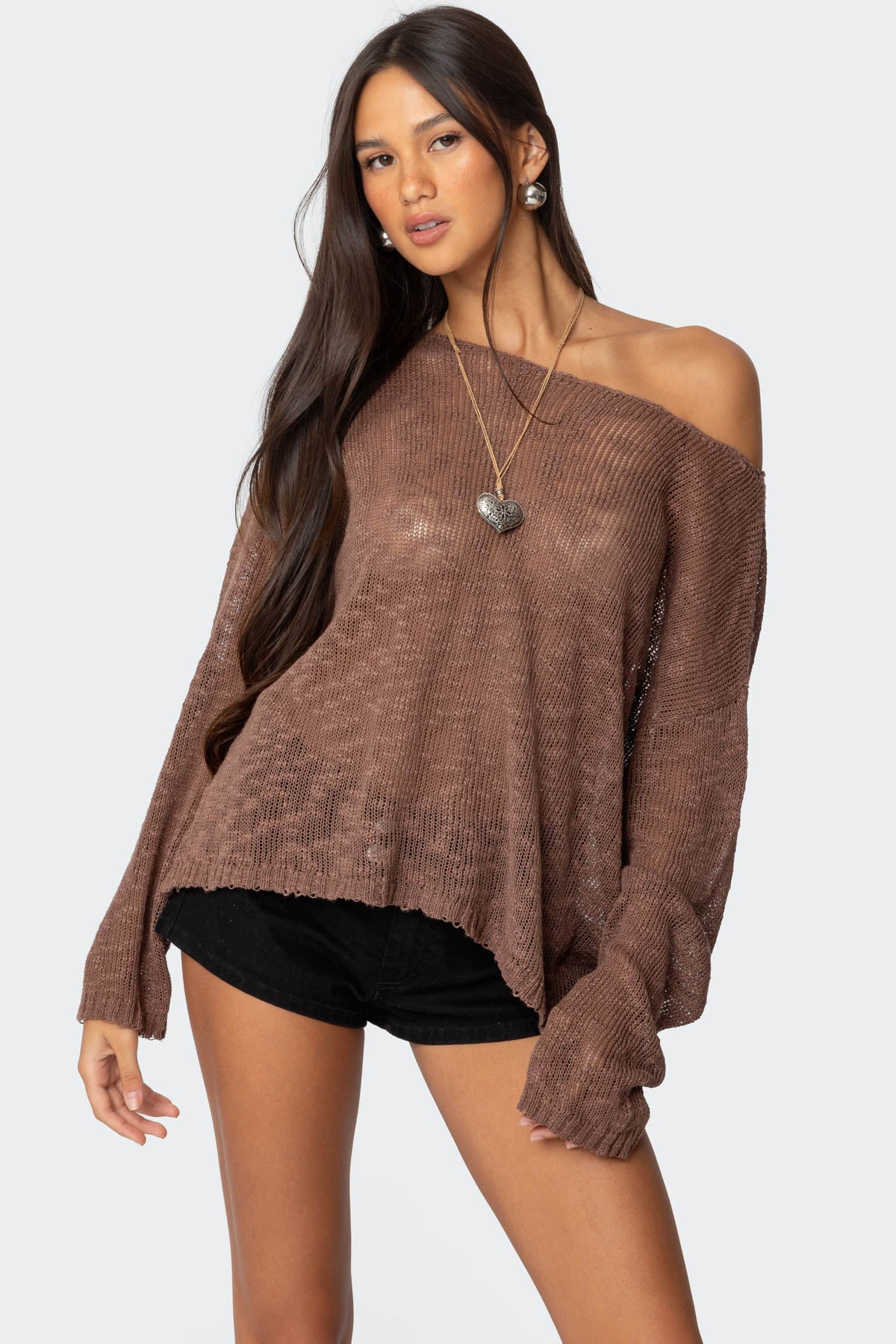 Bri Oversized Boat Neck Sweater - BROWN