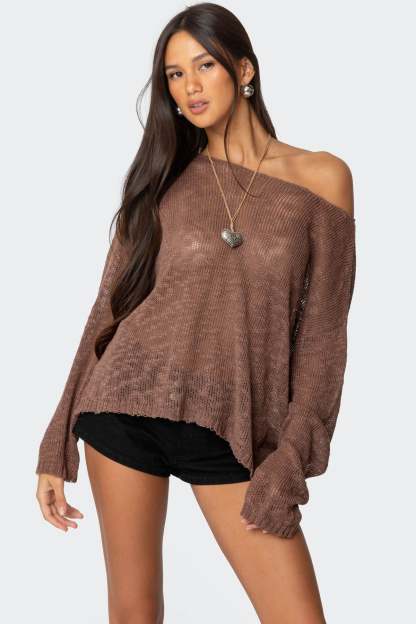 Bri Oversized Boat Neck Sweater - BROWN