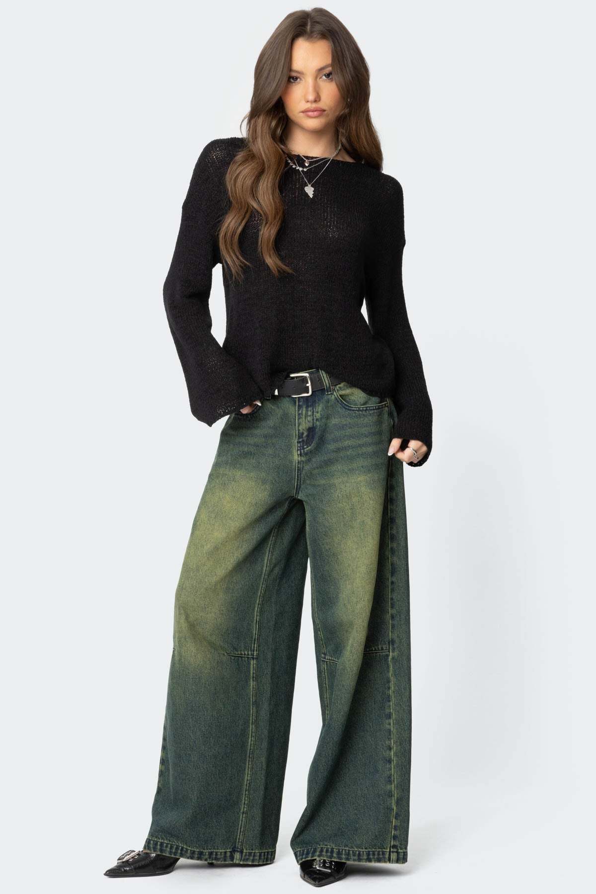 Drop Shoulder Light Knit Sweater - BLACK