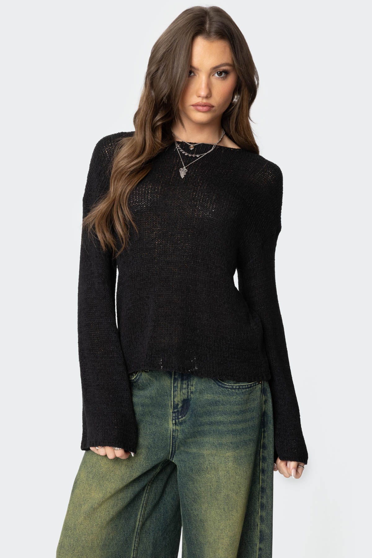 Drop Shoulder Light Knit Sweater - BLACK