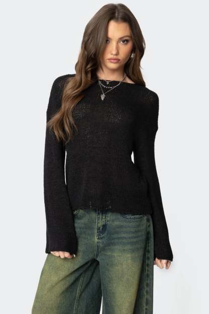 Drop Shoulder Light Knit Sweater - BLACK