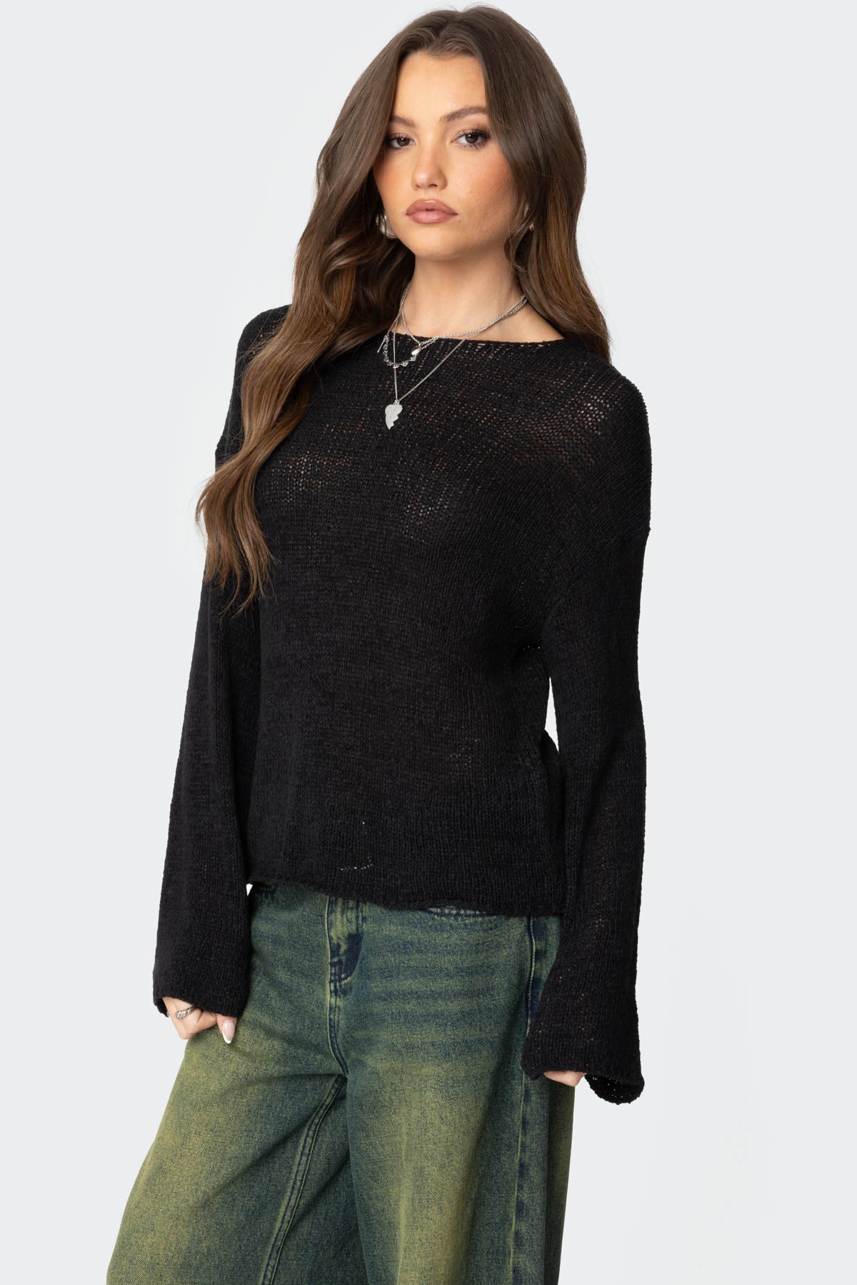 Drop Shoulder Light Knit Sweater - BLACK