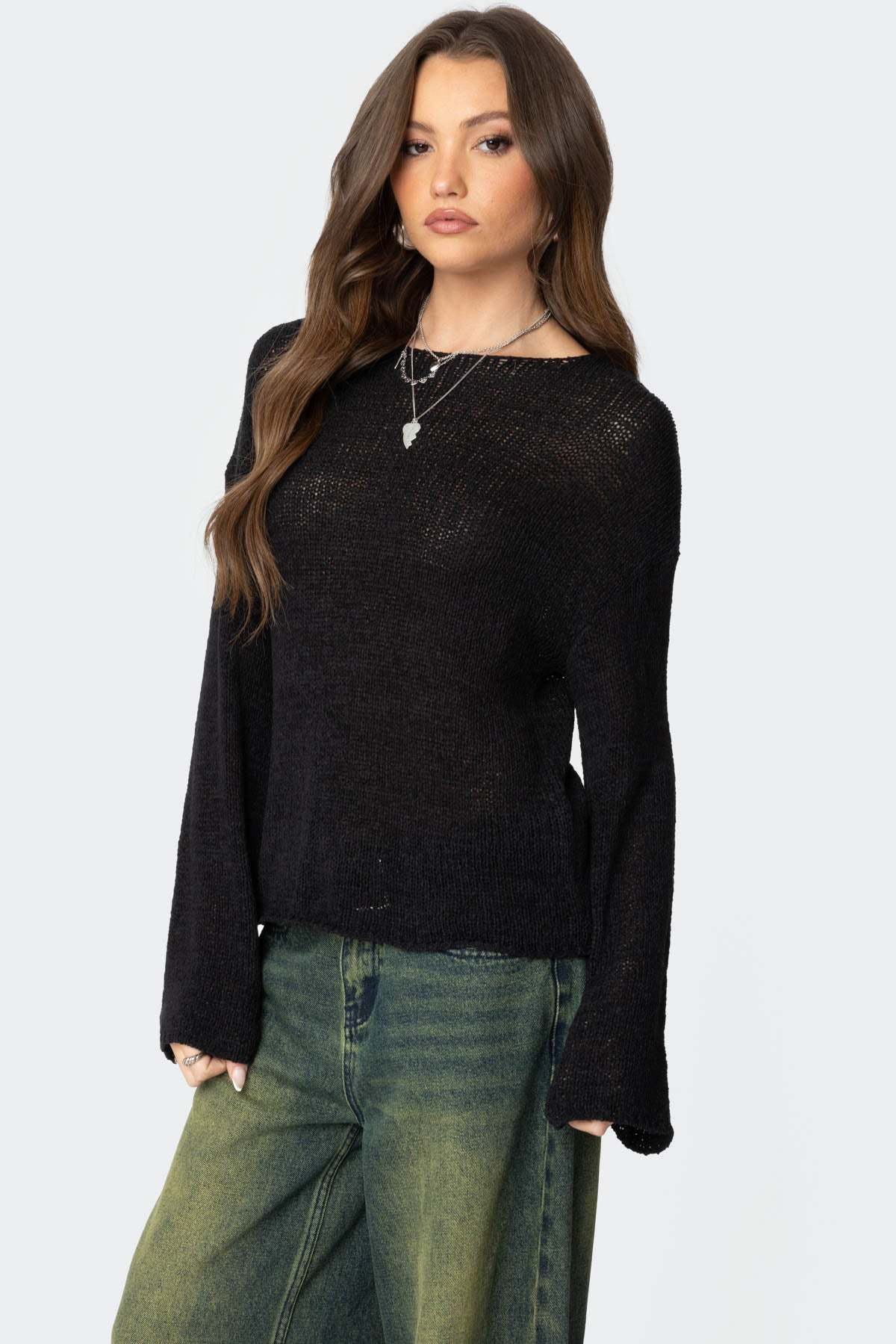 Drop Shoulder Light Knit Sweater - BLACK