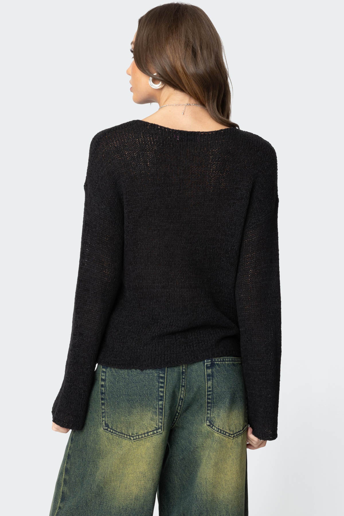 Drop Shoulder Light Knit Sweater - BLACK