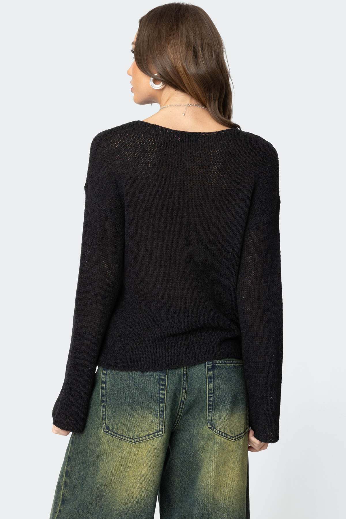 Drop Shoulder Light Knit Sweater - BLACK