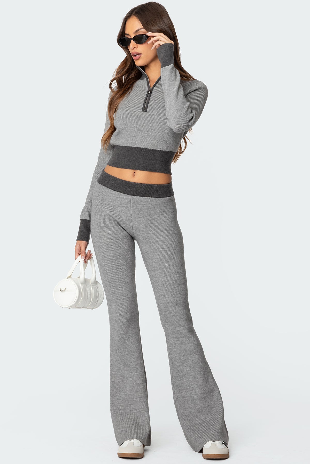 Lei Contrast Half Zip Knit Top - GRAY