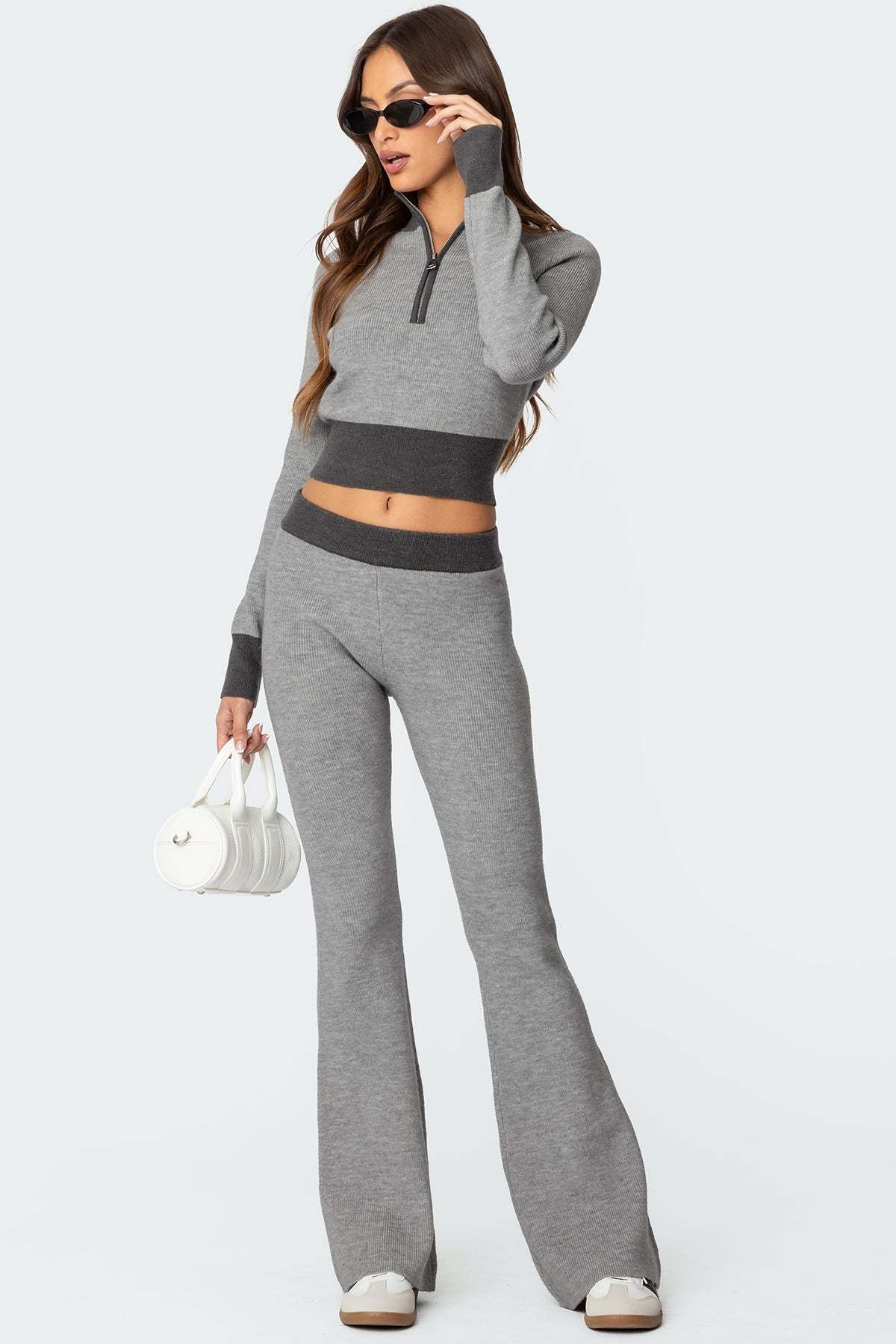 Lei Contrast Half Zip Knit Top - GRAY
