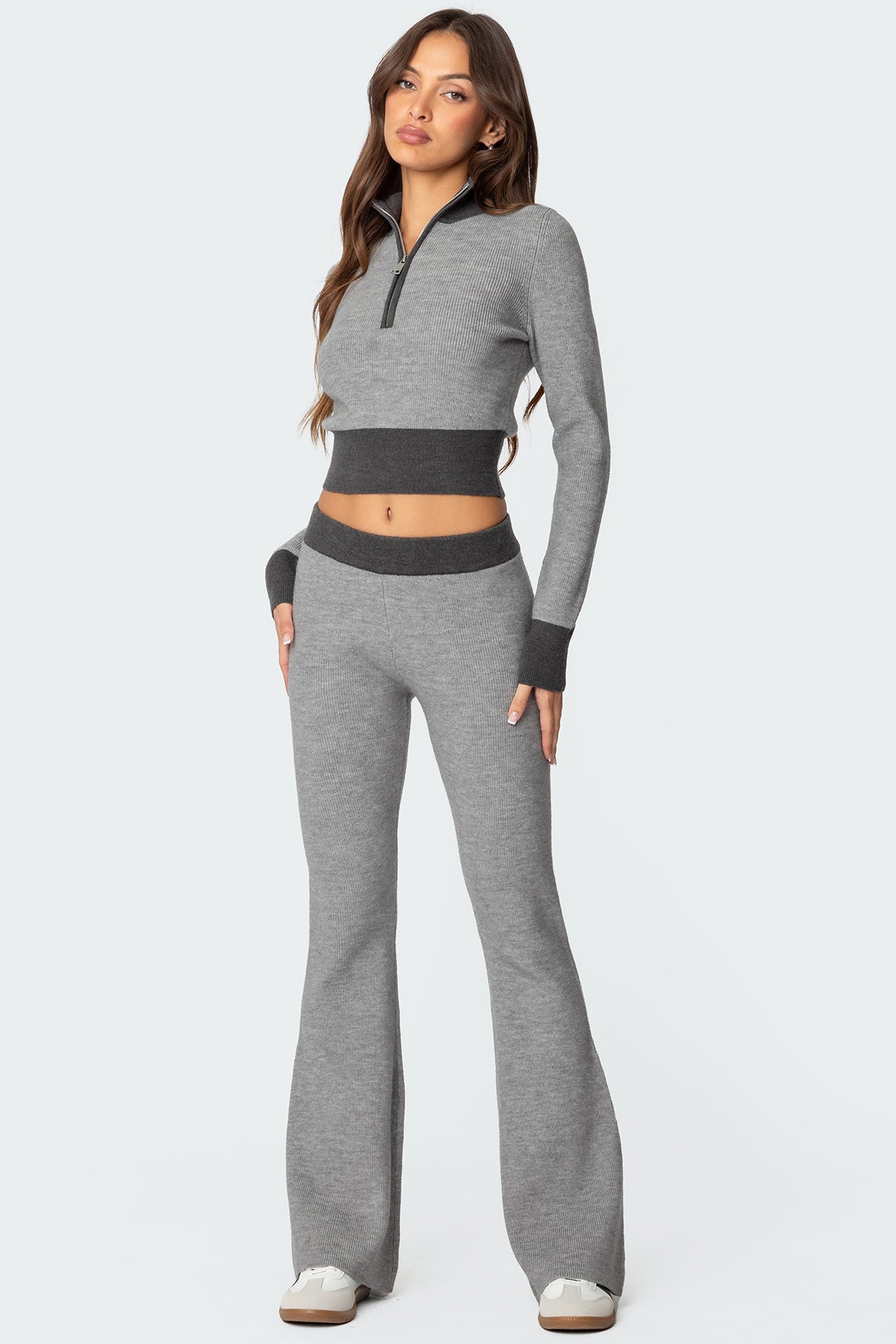 Lei Contrast Half Zip Knit Top - GRAY