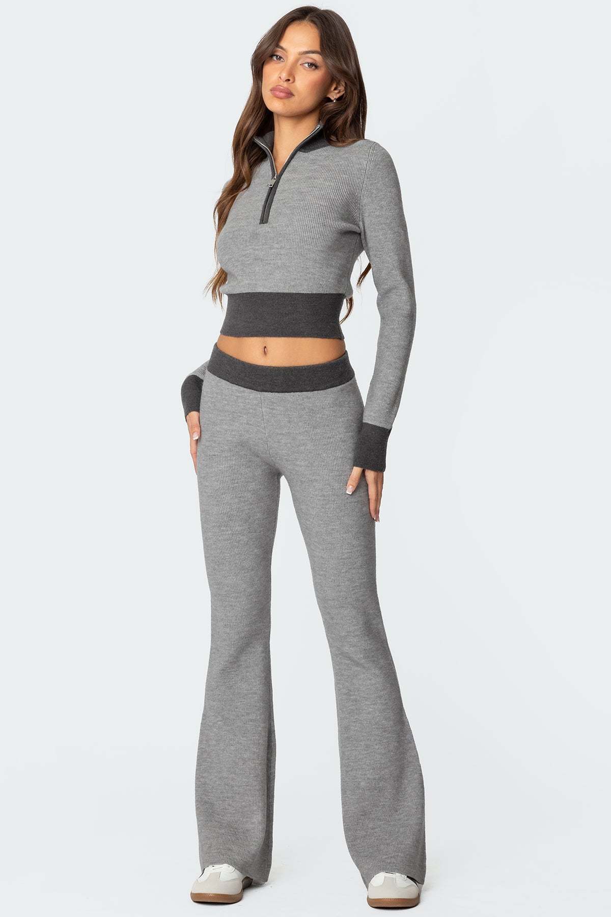 Lei Contrast Half Zip Knit Top - GRAY