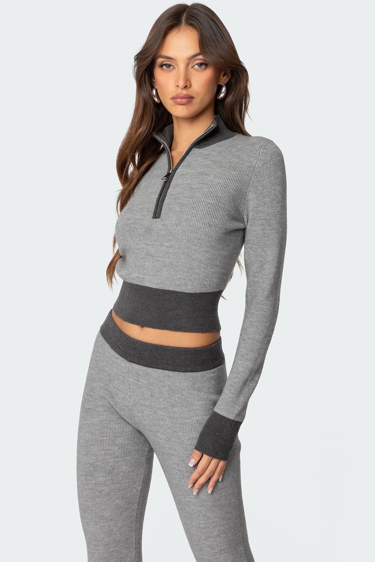 Lei Contrast Half Zip Knit Top - GRAY