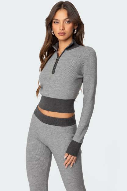Lei Contrast Half Zip Knit Top - GRAY