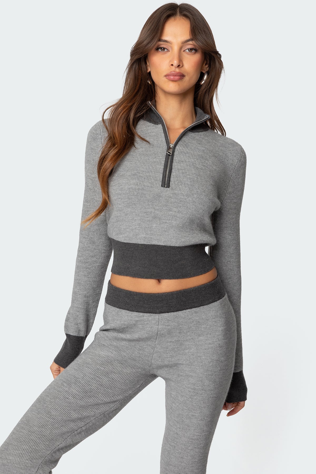 Lei Contrast Half Zip Knit Top - GRAY