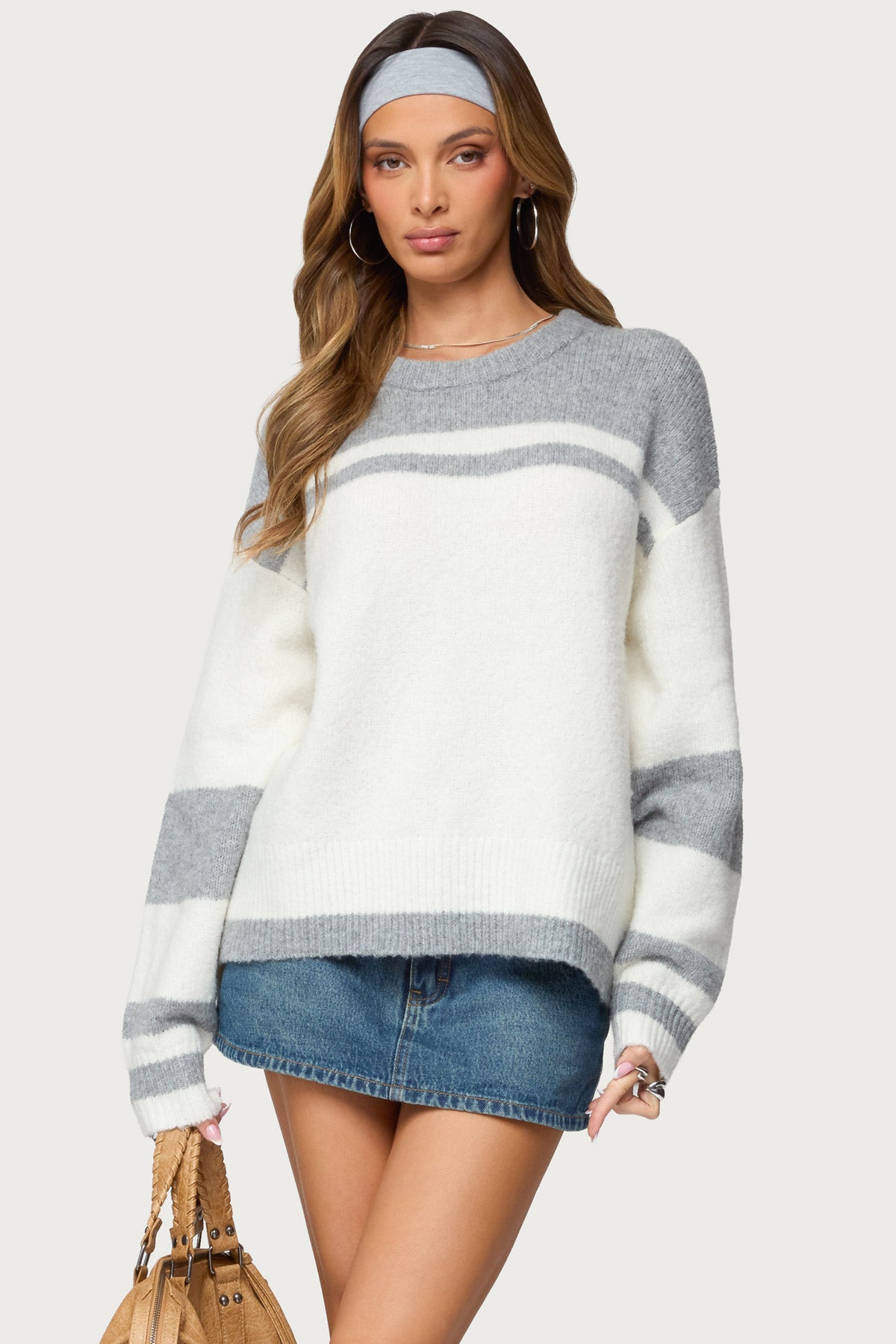 Nogah Stripey Oversized Sweater - GRAY-AND-WHITE