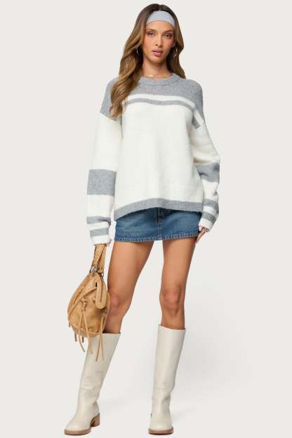 Nogah Stripey Oversized Sweater - GRAY-AND-WHITE