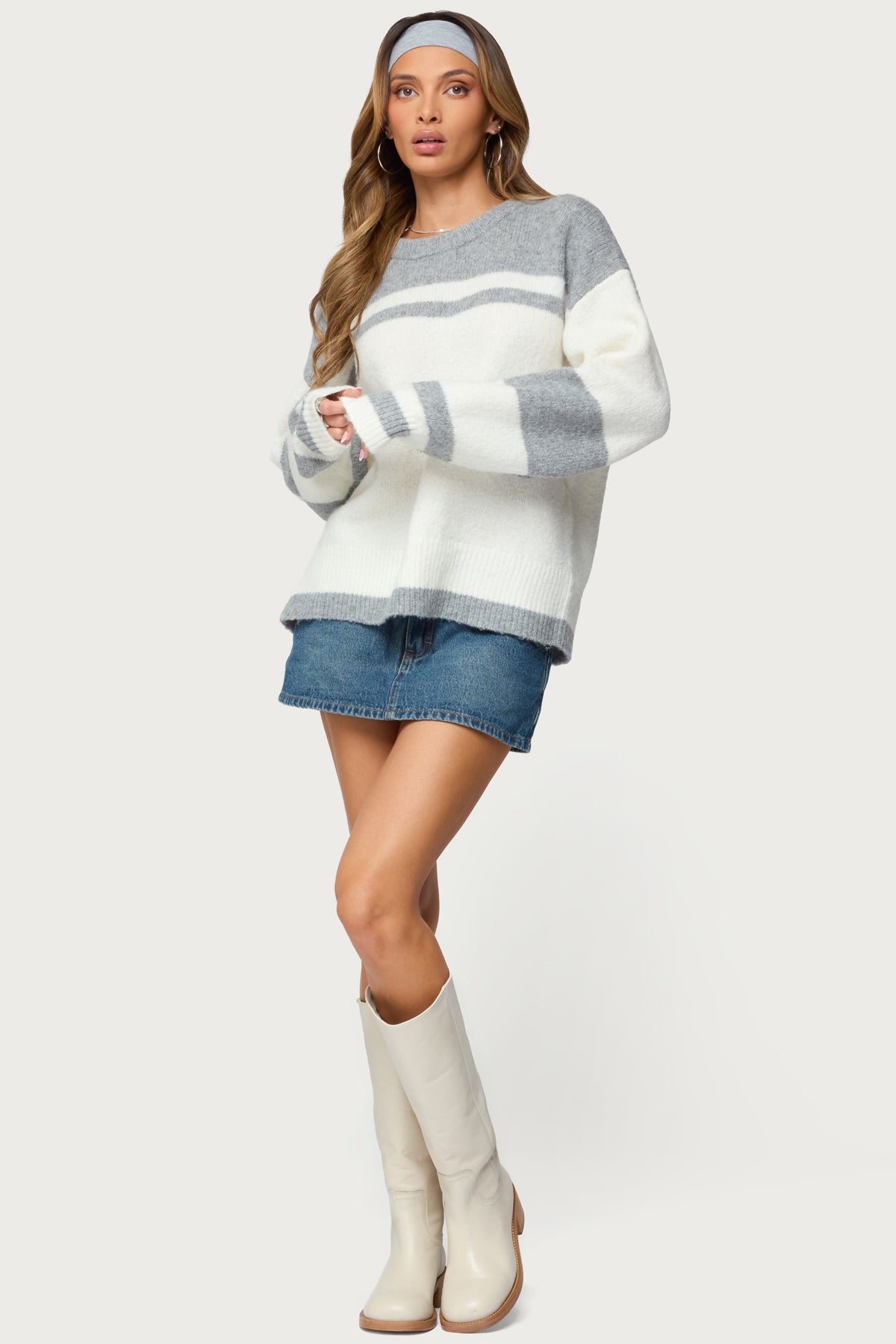 Nogah Stripey Oversized Sweater - GRAY-AND-WHITE