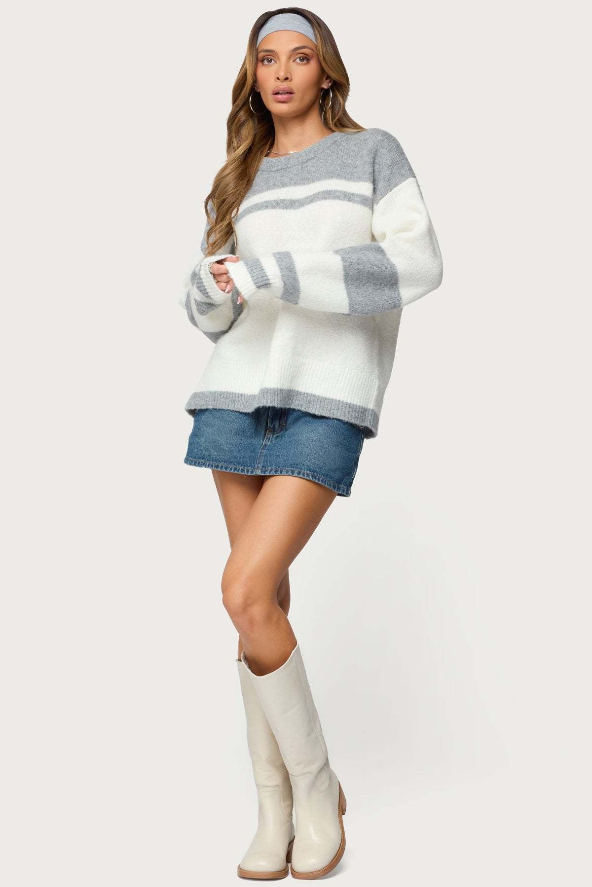 Nogah Stripey Oversized Sweater - GRAY-AND-WHITE