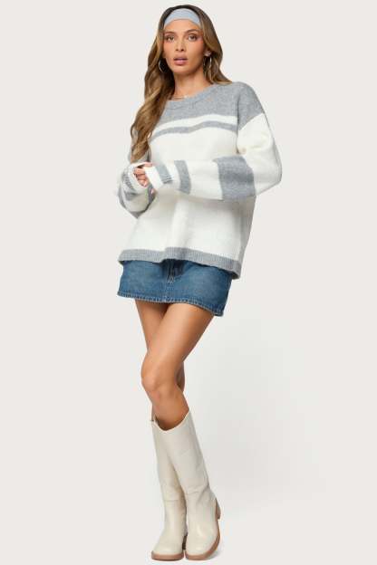 Nogah Stripey Oversized Sweater - GRAY-AND-WHITE