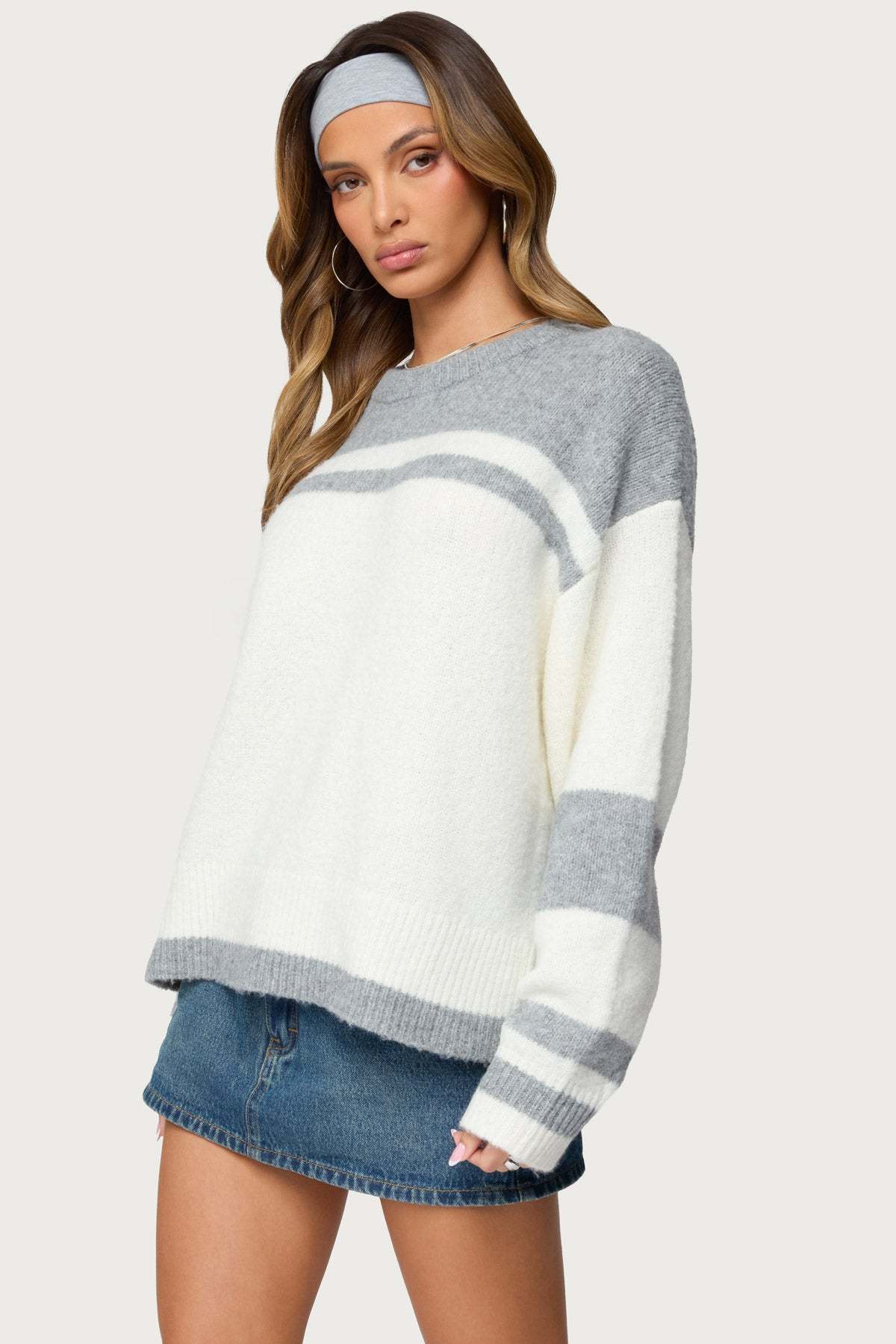 Nogah Stripey Oversized Sweater - GRAY-AND-WHITE