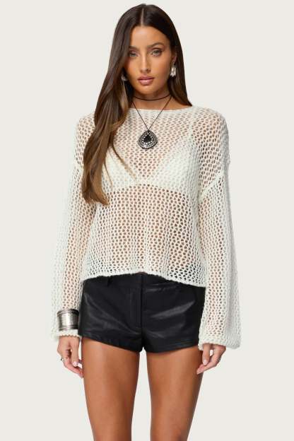 Charlise Open Knit Sequin Top - WHITE