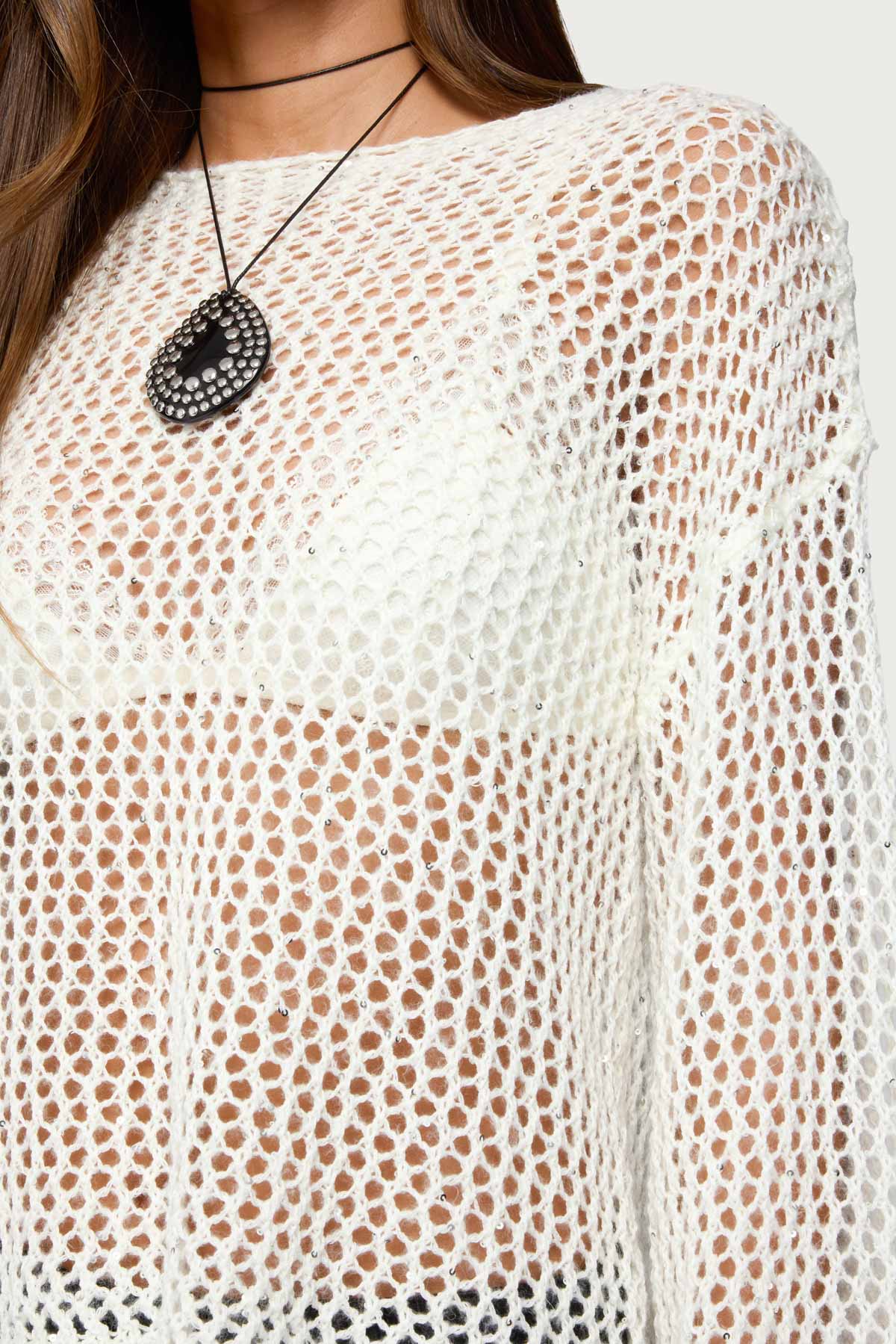 Charlise Open Knit Sequin Top - WHITE