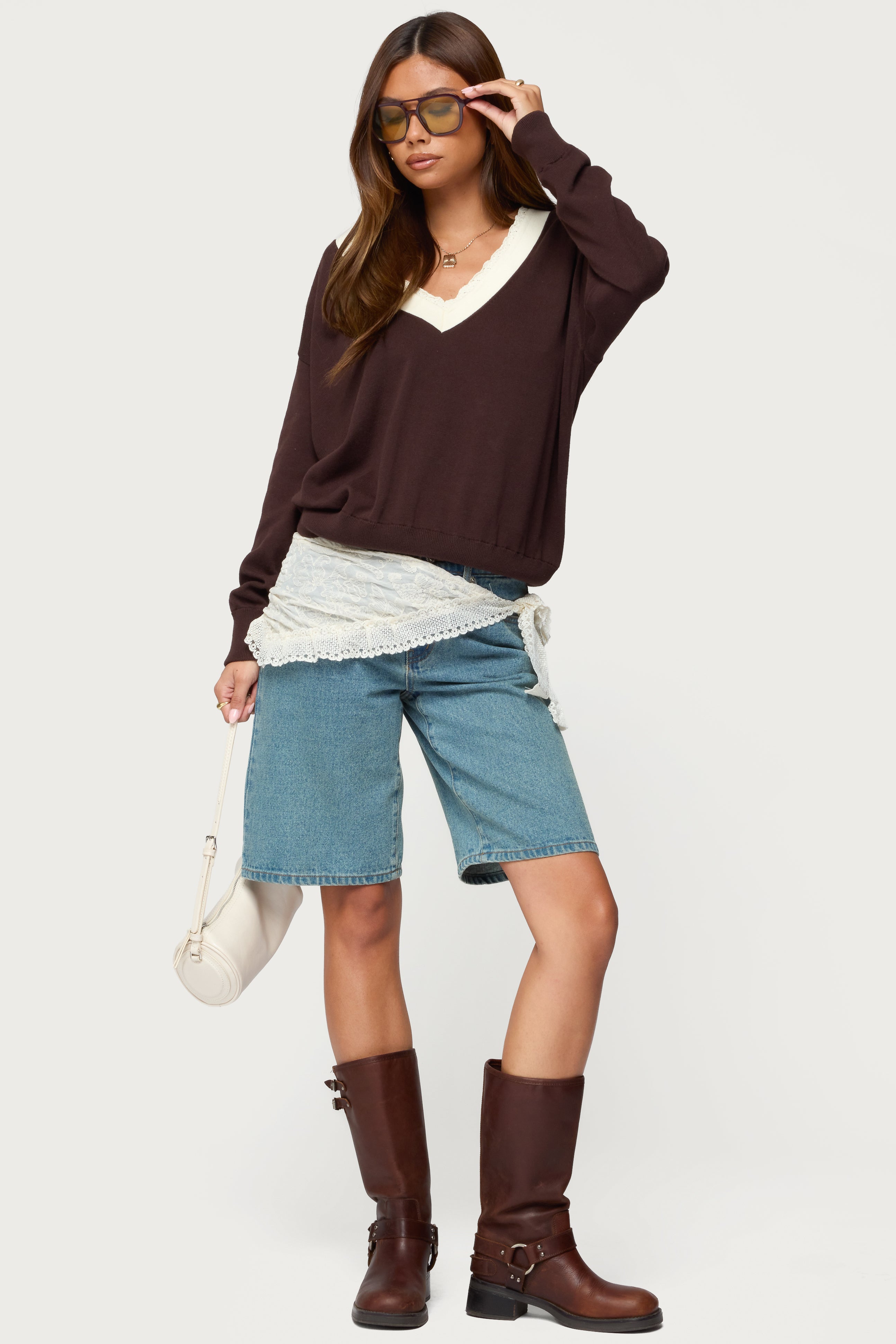 Marie Contrast Lacey V Neck Sweater - BROWN