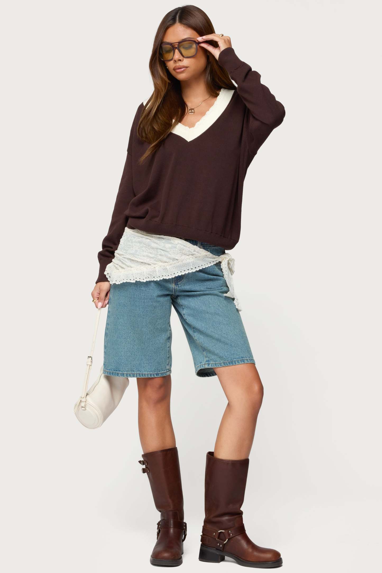 Marie Contrast Lacey V Neck Sweater - BROWN
