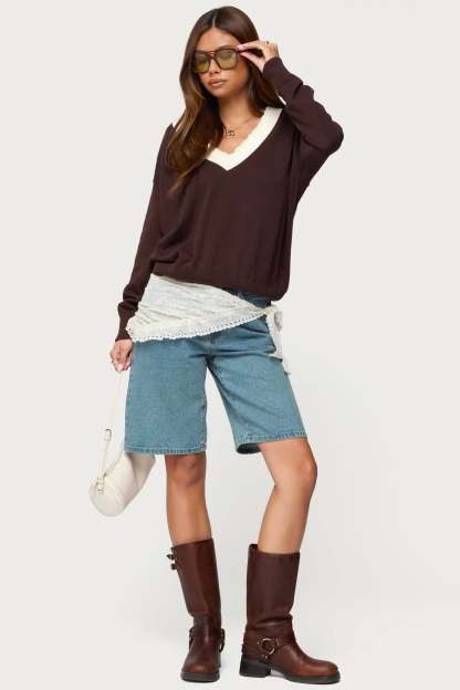 Marie Contrast Lacey V Neck Sweater - BROWN