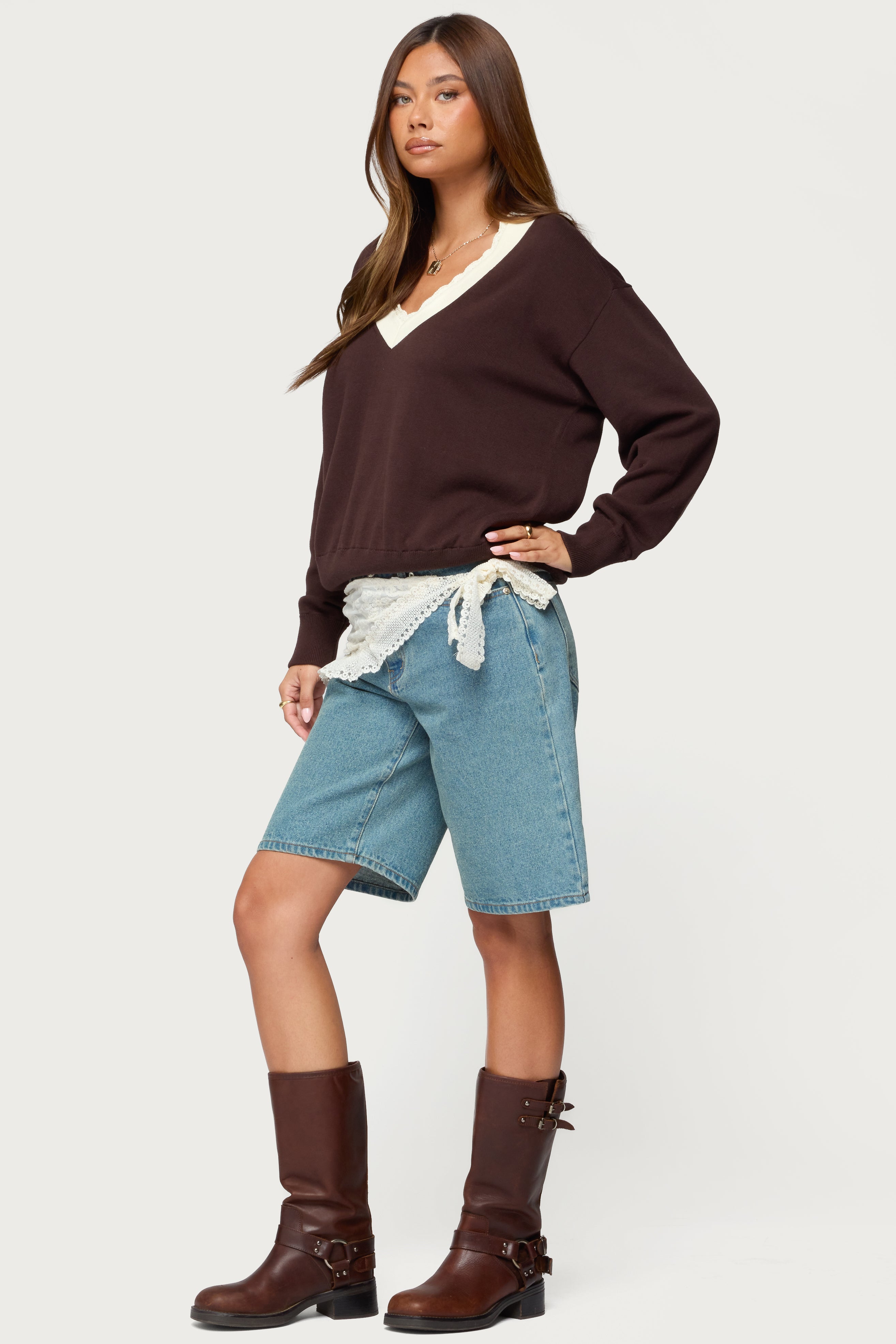 Marie Contrast Lacey V Neck Sweater - BROWN