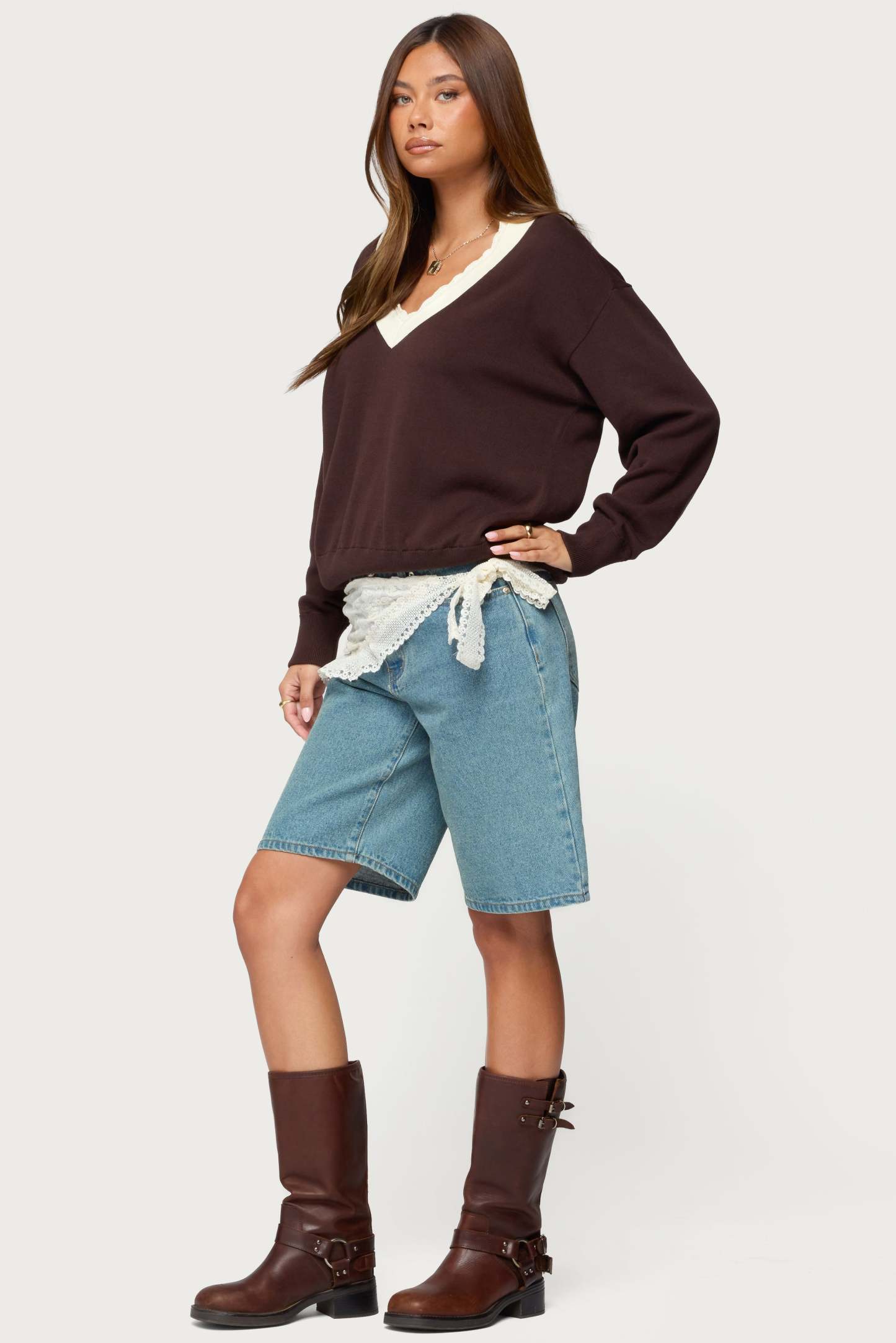 Marie Contrast Lacey V Neck Sweater - BROWN