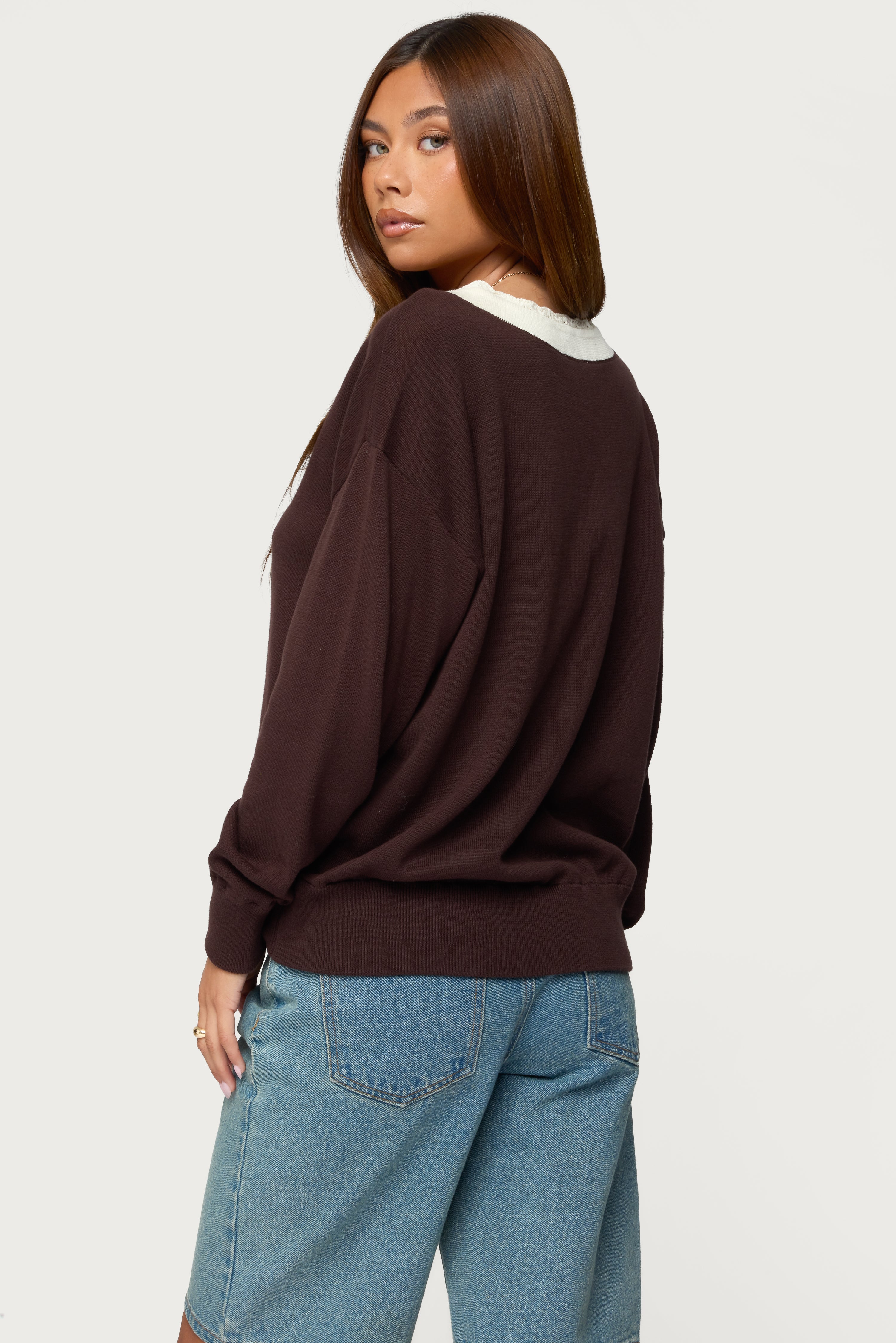 Marie Contrast Lacey V Neck Sweater - BROWN
