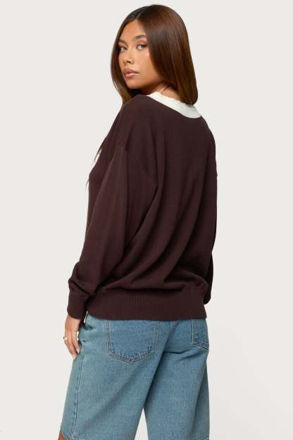 Marie Contrast Lacey V Neck Sweater - BROWN