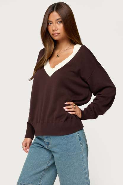 Marie Contrast Lacey V Neck Sweater - BROWN