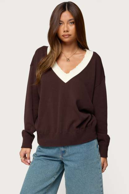 Marie Contrast Lacey V Neck Sweater - BROWN