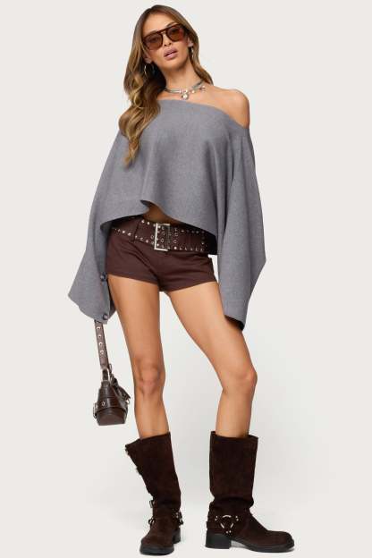 Sharla Off Shoulder Poncho Sweater - GRAY-MELANGE