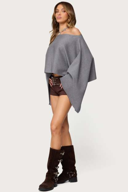 Sharla Off Shoulder Poncho Sweater - GRAY-MELANGE