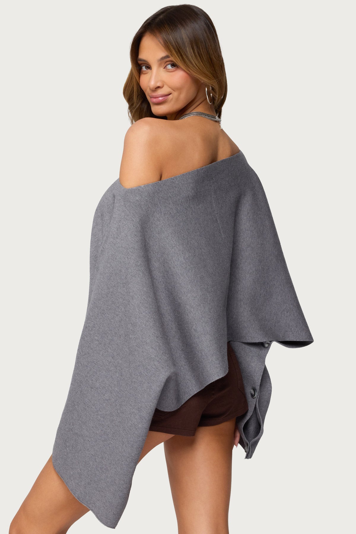 Sharla Off Shoulder Poncho Sweater - GRAY-MELANGE