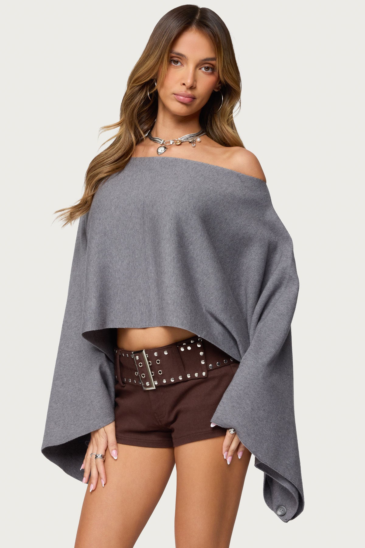 Sharla Off Shoulder Poncho Sweater - GRAY-MELANGE