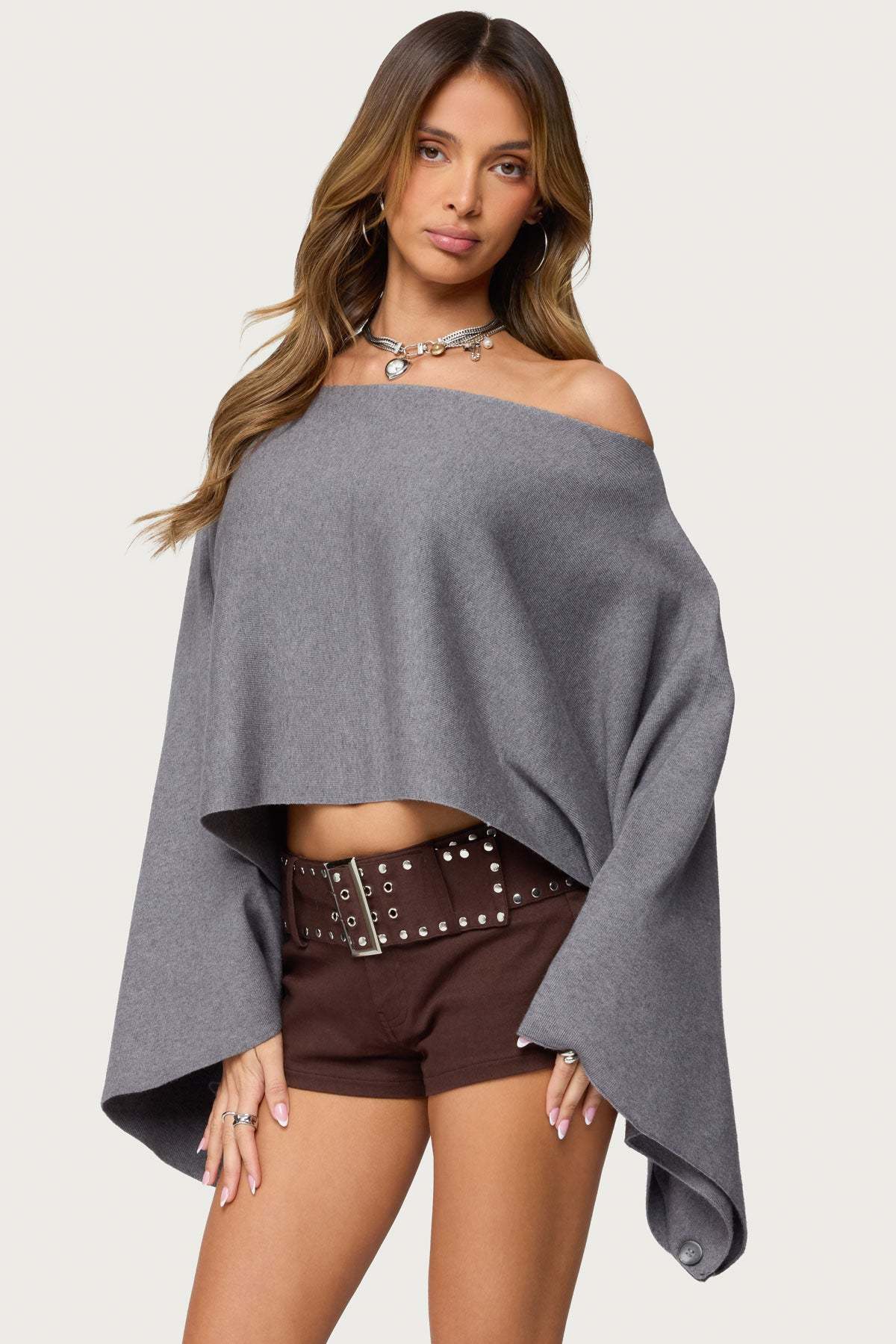 Sharla Off Shoulder Poncho Sweater - GRAY-MELANGE