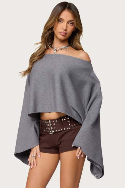 Sharla Off Shoulder Poncho Sweater - GRAY-MELANGE