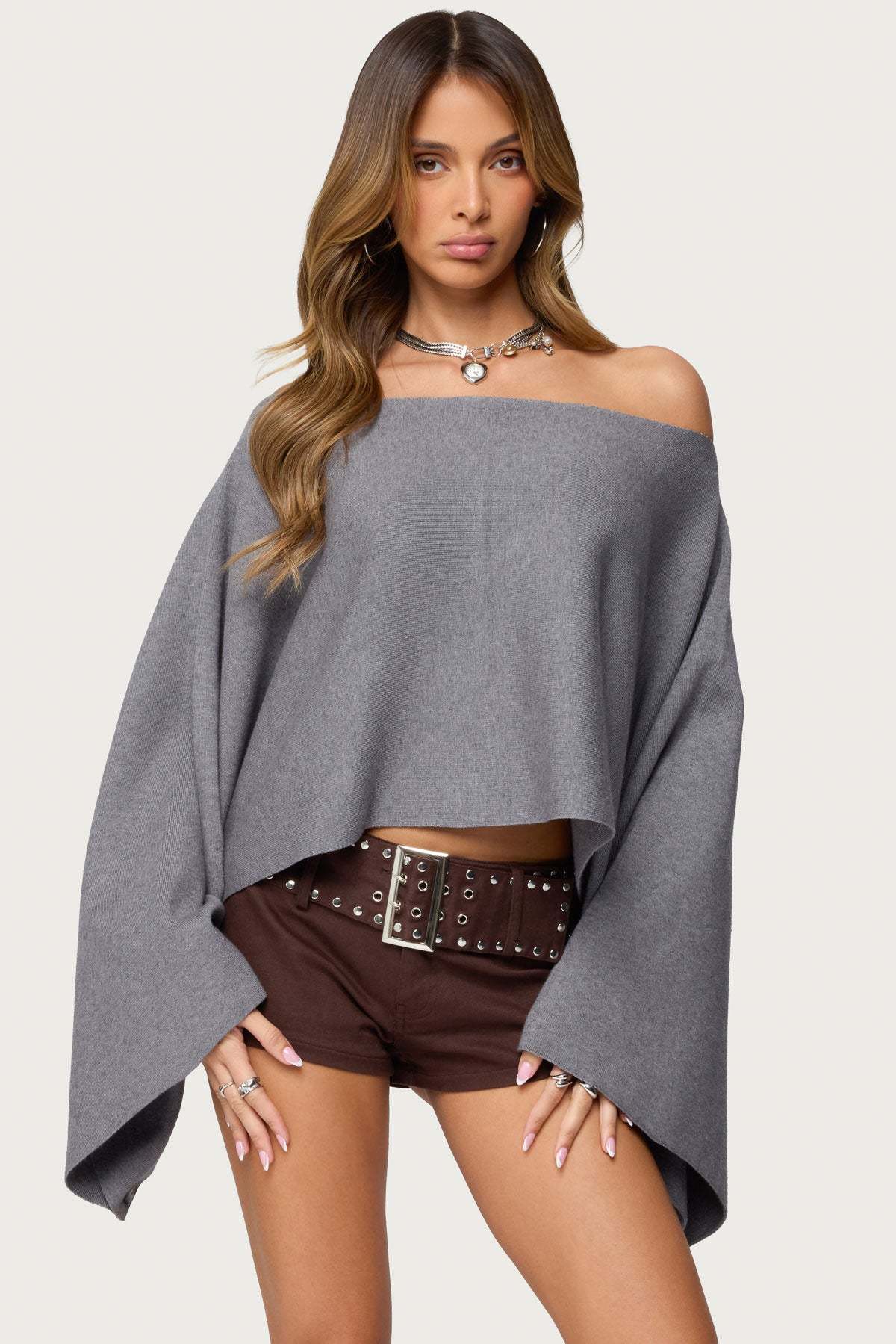Sharla Off Shoulder Poncho Sweater - GRAY-MELANGE