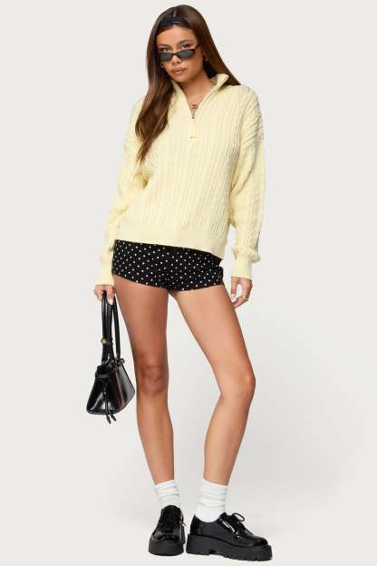 Sarie Cable Knit Quarter Zip Sweater - LIGHT-YELLOW