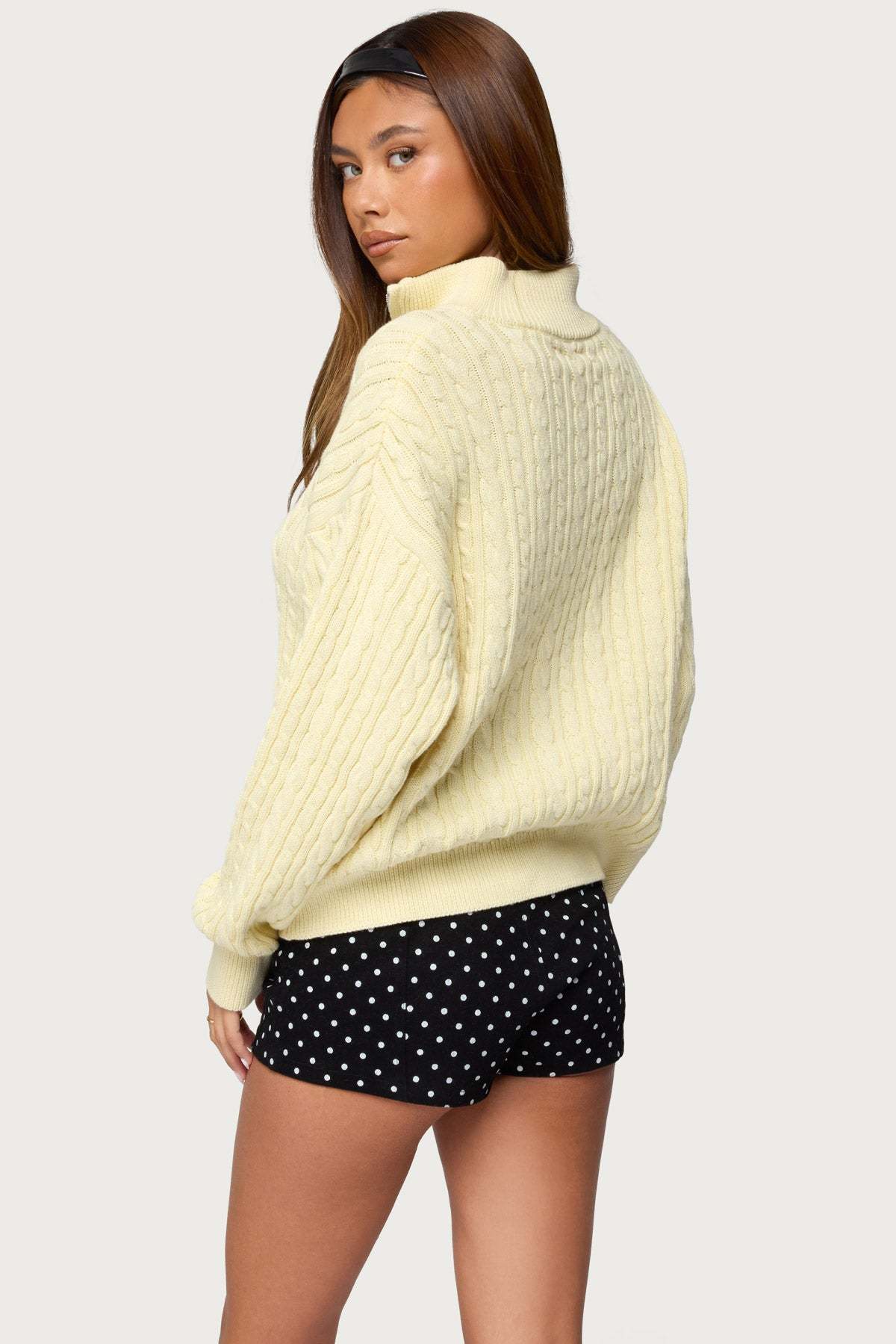 Sarie Cable Knit Quarter Zip Sweater - LIGHT-YELLOW
